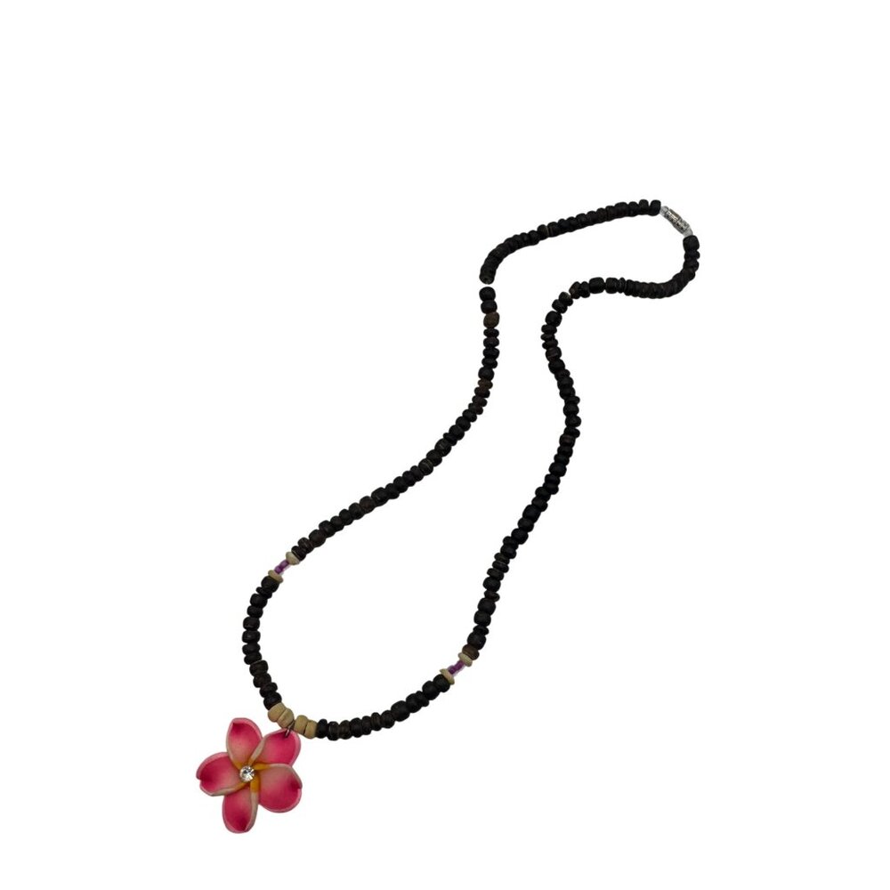 Floral Beaded Necklace Pink Yellow Charm Barrel Clasp 18 Inches Handmade Wood
